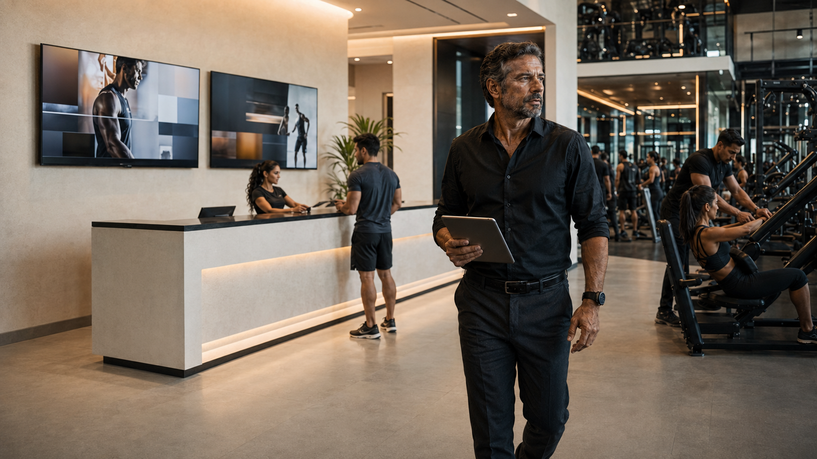 Manager de gimnasio con tablet en un gimnasio NEXO Digital Fitness
