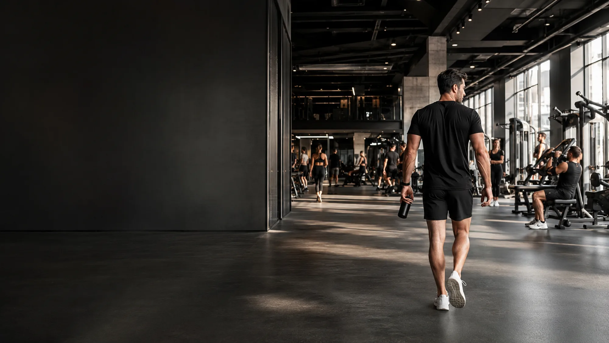 Interior de gimnasio premium con entrenadores y socios entrenando